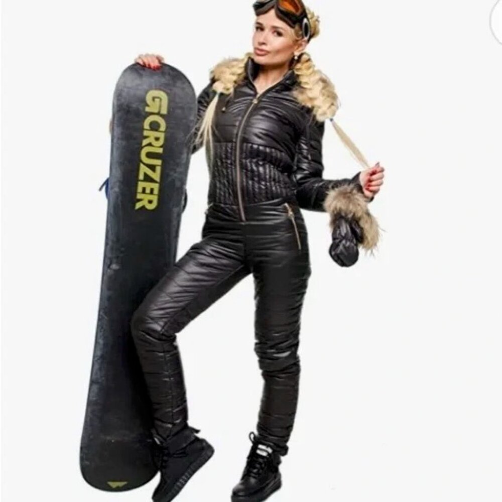Women's Black Snowsuit with Hood and Gloves Size S